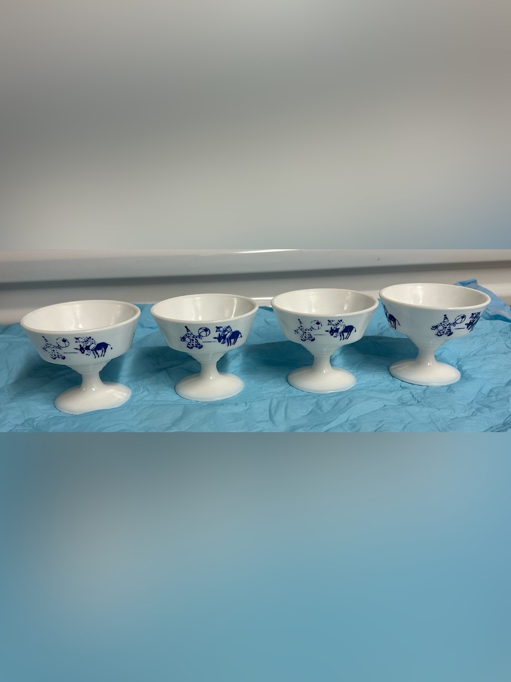 Vintage Hazel Atlas Milk Glass Pedestal Footed Sherbet Cups Clown Set of 4
